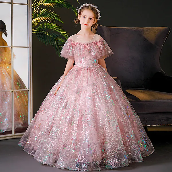 Vestidos de concurso de princesa rosa elegantes vestido de bola de piso de piso para adolescentes para adolescentes, vestidos de flores 403