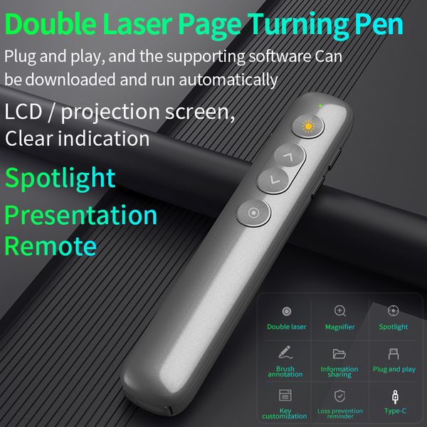 Smart Remote Remote Remote Double Laser Pointer Pen Pen RF Apresentador sem fio Spotlight Página de giro PPT Clicker para a reunião de tecnologia 221114