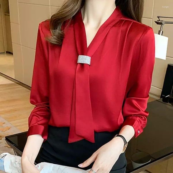 Kadınlar bluzlar sirke saten dantel en iyi kadınlar uzun kollu rahat 2022 Sonbahar bahar moda ipek gömlekler v yaka şarap kırmızı blusas