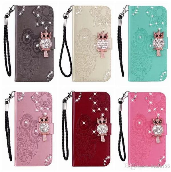 Custodie per telefoni a portafoglio con diamanti Bling per Samsung S23 Ultra Plus A04 A14 5G A23 con strass moda gufo fiore pelle pizzo portacarte animale flip cover custodia per uccelli notturni