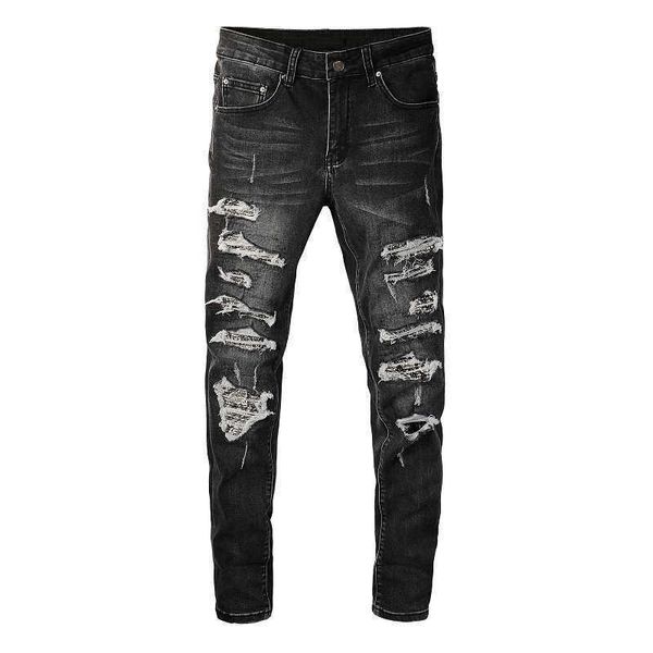 Jeans da uomo Cracked Bandana Patch Jeans Streetwear Pantaloni da motociclista patchwork pieghettati stampati Paisley Pantaloni skinny affusolati in denim elasticizzato T221102