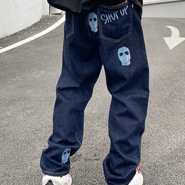 Jeans da uomo Jeans hip-hop Uomo Donna Pantaloni in denim ricamati con teschio mascherato Pantaloni dritti casual allentati vintage Hipster Streetwear Uomo Nuovo T221102