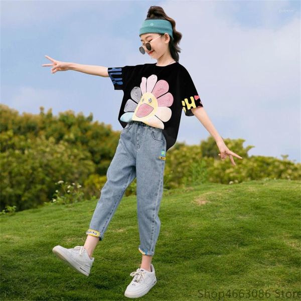 Kleidung Sets Teenager Sommer Mädchen Kleidung Sun Smile Print Tops KurzarmT-Shirt und Denim Hosen Jeans Outfits 2PCS 6 8 10 12