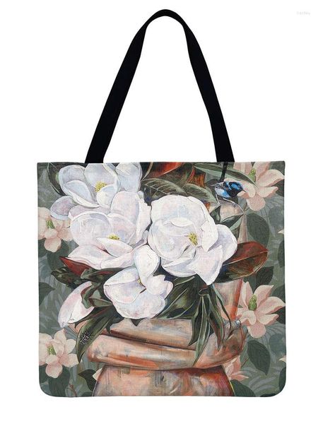 Borse da sera Donna Spalla Dipinti ad olio Bouquet Borsa tote stampata Lino Febric Casual Pieghevole Shopping Riutilizzabile Spiaggia