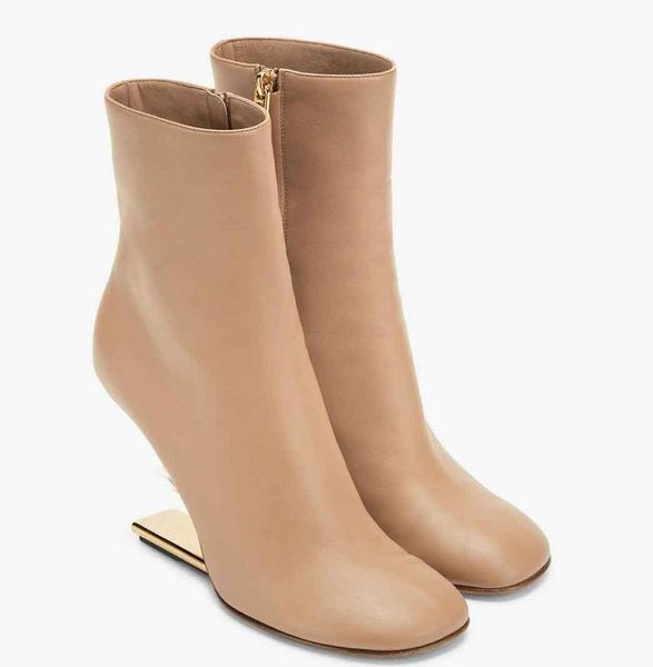 Inverno Luxo Primeira Botas de Tornozelo Nappa Couro Feminino Saltos Altos Round Head Gold Metal Moda Feminina Curto EU35-43 Caixas