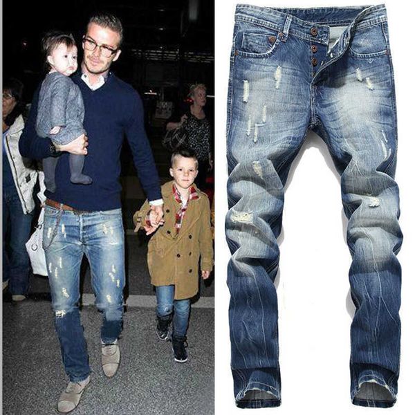 Jeans da uomo New Fashion Beckham Hole Strappato Hip Hop Uomo Slim Jeans Pantaloni Button Fly Washed Vintage Pencil Denim Pants Pantnes Hombre T221102