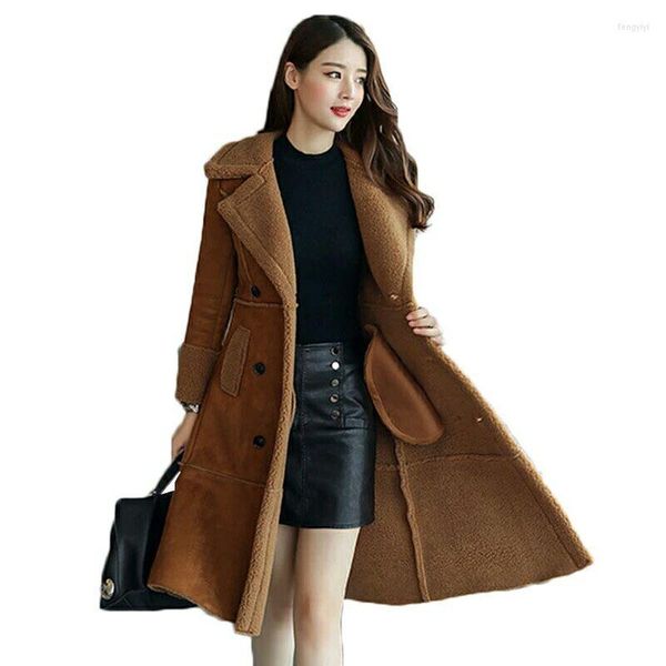 Frauen Pelz Lange Faux Schaffell Mantel Winter Mode Frauen Leder Wildleder Jacke Kleidung Warme Damen Lamm Wolle