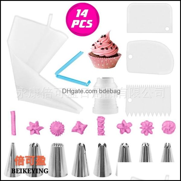 Strumenti per torte 14 pezzi Completo per ugello per torta Clip per sacchetto Piccolo convertitore Raschietto Kit per cottura in acciaio inossidabile Utensili per decorazione floreale Colore Mti Dhr9E