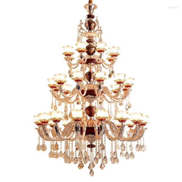 Lustres de lustre de luxo iluminação cristal grande lâmpada de sala de estar vermelha criativa de lâmpadas de três camadas de escada longa de ponta alta