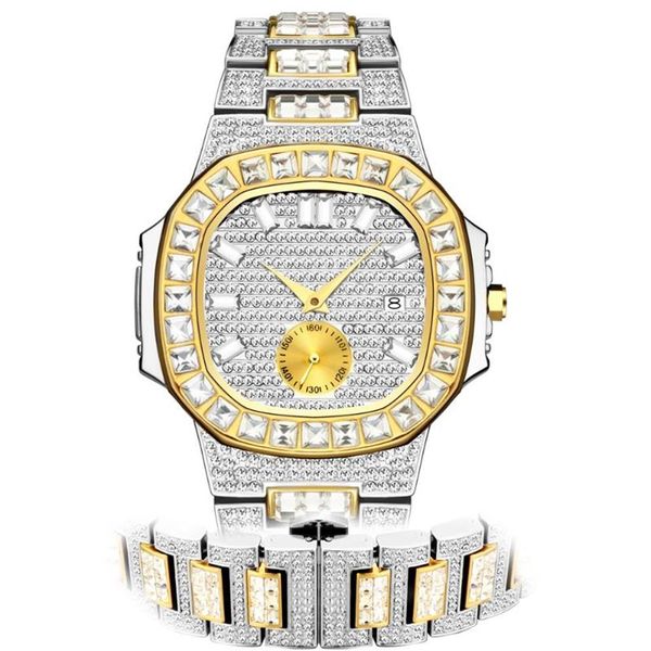 Relógios de pulso Hip Hop Gold Watch Men Bling Full Diamond Mens Watches Man Fashion Quartz Wristwatch Iced à prova d'água Silver Steel2836