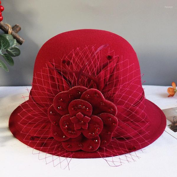 Berets Winter Eimer Fedora Hut Frauen Filz Wolle 2022 Blume Design Frau Fedoras Damen Elegante Bowler Gelb Schwarz Rot grau