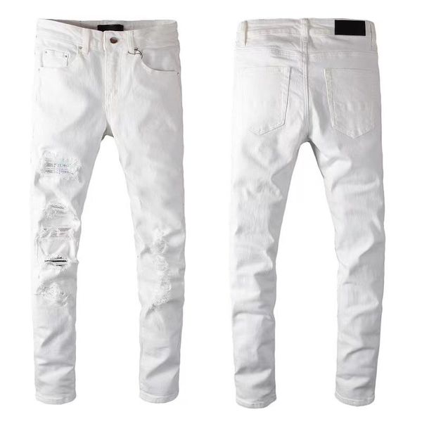 2022 jeans da ragazzo firmati jeans aderenti moda hip-hop foro cerniera lavaggio pantaloni jeans bianchi retro cuciture strappate design motocicletta pantaloni strappati sottili per uomo 28-40