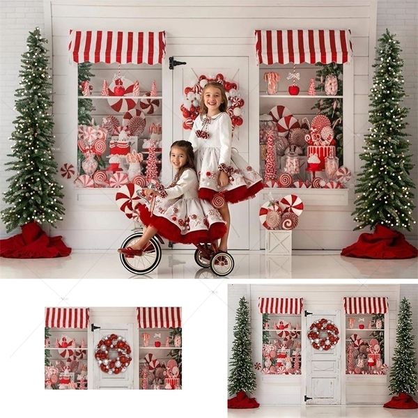 Hintergrundmaterial Winter Candy Shop Hintergrund Weihnachten Süße Mädchen Kinder Porträt für P o Studio Weihnachtsbäume Retro Weiß Holz Dekor 221111