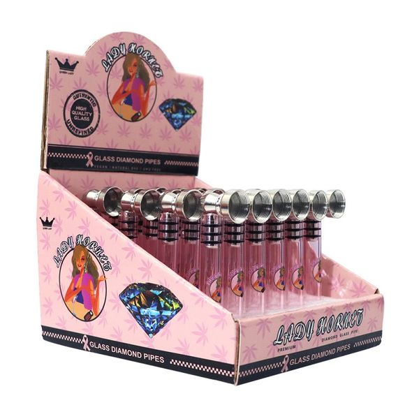 Accessori per fumatori LADY HORNET Pipa per sigarette in vetro 94 MM Lunga rosa Fumo One Hitter Pipes 24PCS Punte per filtri con display in carta Bocchino all'ingrosso