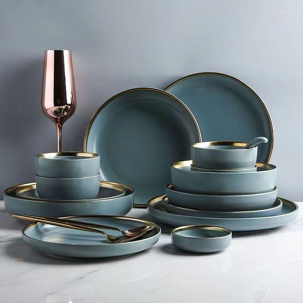 Placas Matte Gilt Rim Ceramic Tableware Definir com colher cereais Bife de sobremesa para presente para o jantar e tigelas