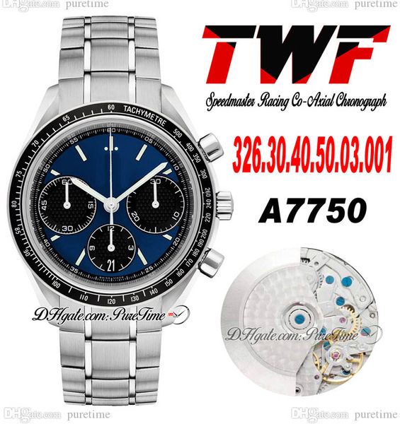 TWF Racing Master A7750 Автоматический хронограф мужские часы тахиметра Bezel Blue Black Dial Bracelet из нержавеющей стали 326.30.40.50.03.001 Super Edition Puretime B2