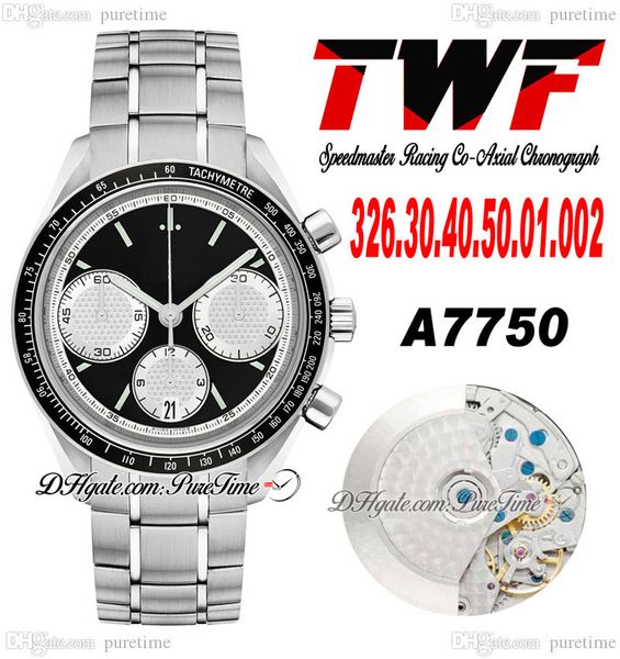 TWF Yarış Ustası A7750 Otomatik Kronograf Mens Watch Eta Tachymeter Bezel Siyah Beyaz Kadran Paslanmaz Çelik Bilezik 326.30.40.50.01.002 Süper Baskı Puretime E5
