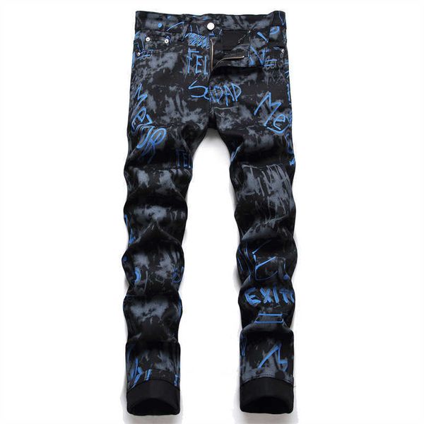 Jeans da uomo Uomo Jeans con stampa digitale nera Lettere di moda Pantaloni in denim elasticizzato con tintura tie-dye Slim Pantaloni affusolati skinny T221102