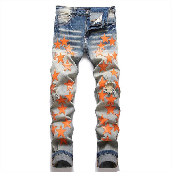 Jeans masculinos homens laranja remendos de couro estiramento denim jeans streetwear buracos rasgados calças cônicas vintage angustiado azul calças t221102