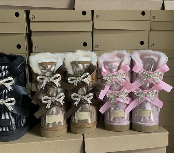 Sellin Novo Designer Mulheres Botas de Neve de Inverno Moda Austrália Clássico Bota Curto Tornozelo Joelho Bow menina MINI Bailey sapatos conjunto com diamante