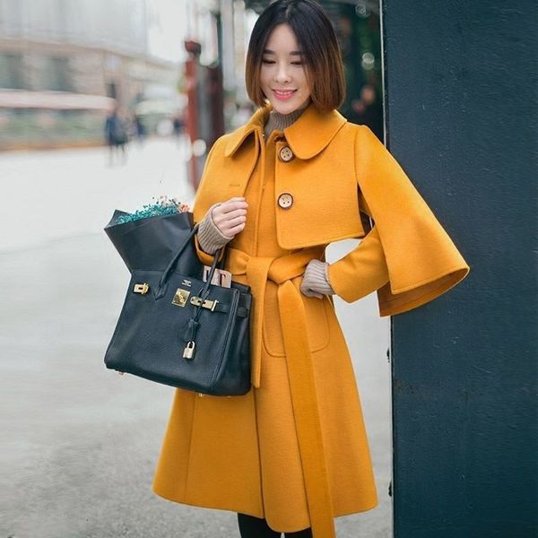 Misto lana da donna Autunno e inverno Piccoli abiti Ginger Giallo Risvolto britannico Cappotto di lana a mantella di media lunghezza a due vie 221114