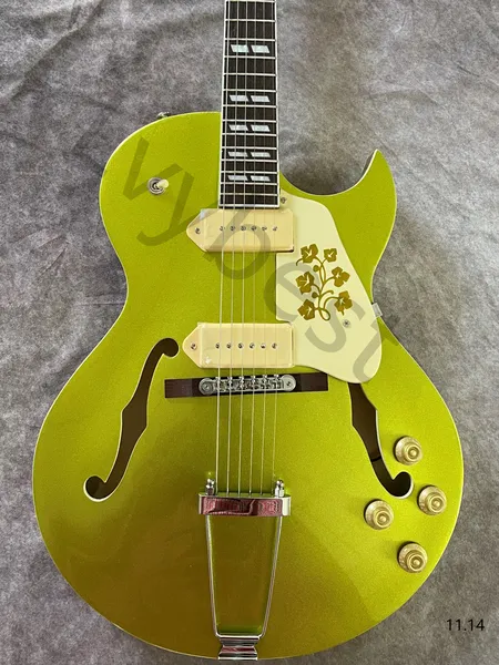Lvybest pode ser personalizado guitarra elétrica corporal hollow jazz metalic amarelo verde cor longa cauda longa