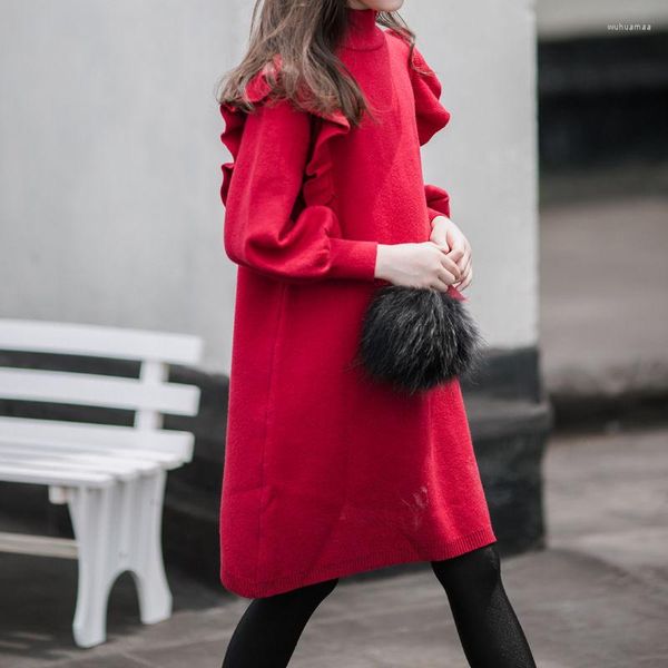 Девушка платья 2022 Осенние детские детские девушки одежда Красная вязаная обруга