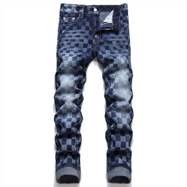 Herren Jeans Männer Karodruck Stretch Denim Jeans Streetwear Plaid Slim Skinny Tapered Hosen Hose mit mittlerer Taille Blau Schwarz T221102