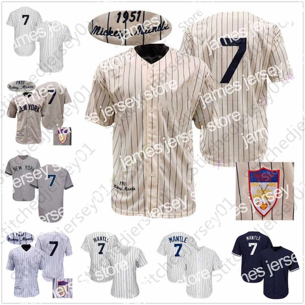 College Baseball trägt Mantle-Trikot von 1951, weiß, cremefarben, Nadelstreifen, grau, Baseball-Hall-of-Fame-Aufnäher, Heim-Auswärts-Pullover, grau, schwarz, Knopfleiste, alle genäht