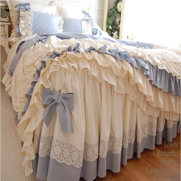 Conjunto de cama de estilo coreano Luxo Princesa Blue Plaid Lace Ruffles Tampa de edredo