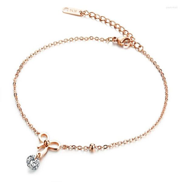 Fußkettchen Fußkettchen Mit Schleife Für Frauen Edelstahl Kreuz Zirkon Rose Gold Koreanische Elegante Strand Knoten Knöchel Schmuck Freund Geschenk