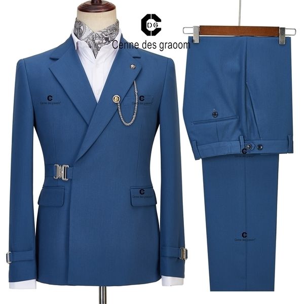 Abiti da uomo Blazer Cenne Des Graoom Uomo Giacca blu Pantaloni 2 pezzi Set Fibbia a sgancio laterale in metallo Elegante abito da sera da sposa 221114