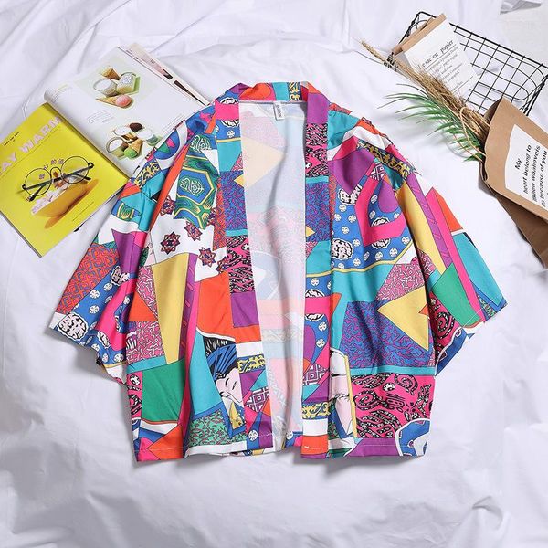 Женские куртки весна лето Harajuku Print Японское стиль куртка Женщины Мужчины пары модны свободные кимоно кардиган рубашка пальто уличная одежда