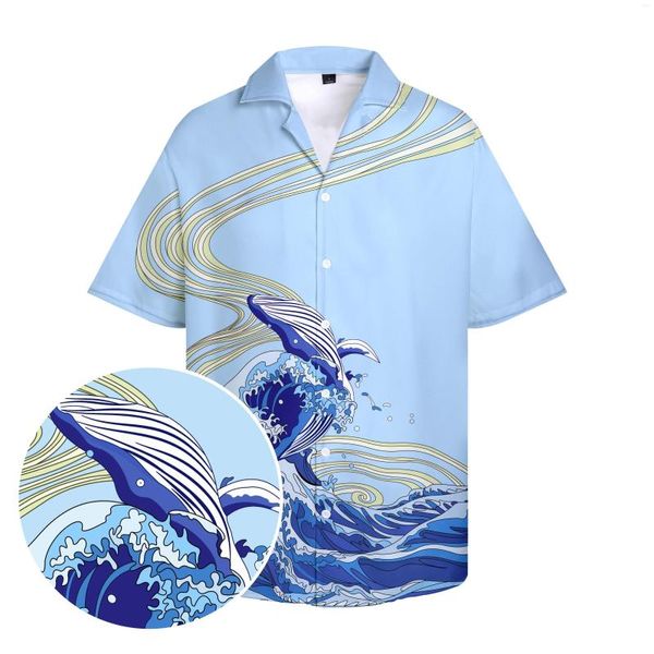 Camisas casuais masculinas Hawaiian Chinese baleia de baleia azul tampo azul