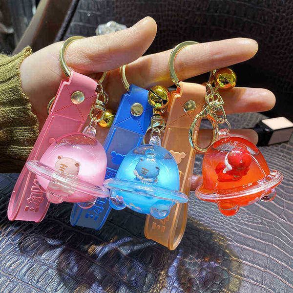 Keychains fofos em petróleo flutuante Little Tiger Spaceship Acrílico Chavenizante Cartoon Líquido Rão de Tigre Pingente Pingente Jóias T220909