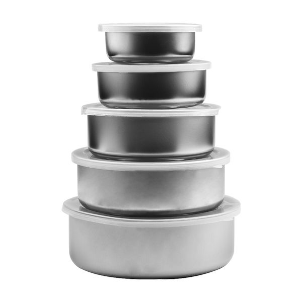 5pcs/conjunto recipiente de armazenamento de alimentos de a￧o inoxid￡vel Caixas de manuten￧￣o fresca de prata com tampas de pl￡stico transparente 10cm 12cm 14cm 16cm 18cm