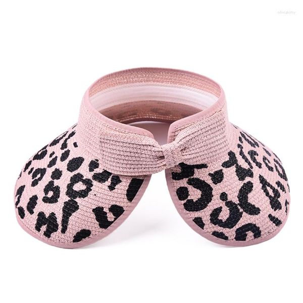 Cappelli a tesa larga Summer Beach Leopard Print Paglia Bellissimo Bowknot Cappello a cilindro vuoto All-match Visor Regalo di San Valentino per la fidanzata