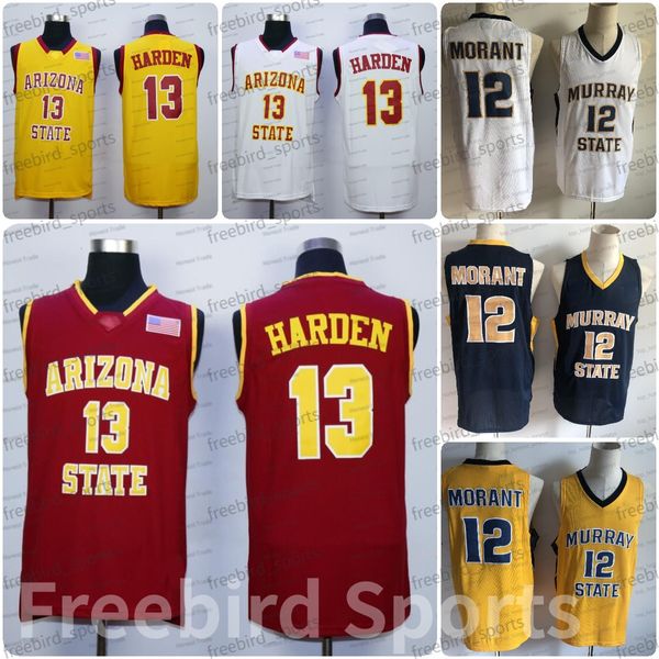 12 JA MORANT Basketballtrikot 13 James Harden Gelb Weiß Arizona State Murray State Red College Herrentrikots genäht