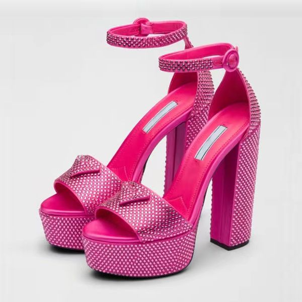 Sandali con bottone a triangolo rosa 11,5 cm caviglia decorativa in cristallo con piattaforma impermeabile open toe sandali firmati di lusso estivi da donna scarpe eleganti da festa