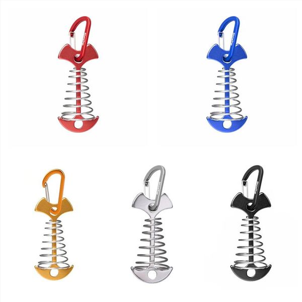 Spring Fishbone Deck Carabiners PEGS Stakes de tenda Torreu ancora corda de vento fivela pregos fixos Abrigos ao ar livre Camping ganchos MJ1105