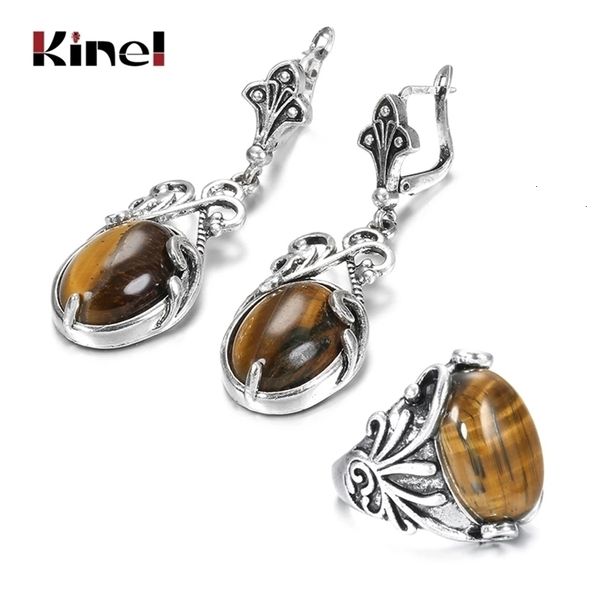 Hochzeit Schmuck Sets Kinel Boho Naturstein Ring Ohrring für Frauen Tibet Silber Strand Party Indische Braut 221115