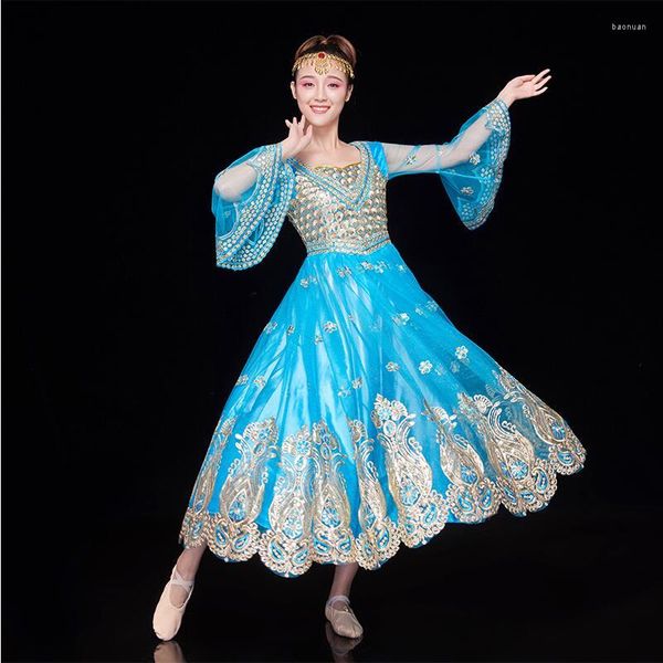 Abbigliamento da palcoscenico Moda Blu Stile India Abiti etnici Abbigliamento uiguro Performance Abito da ballo Xinjiang Costumi popolari cinesi