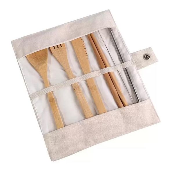 Деревянный обеденный посуда набор бамбуковой чайной ложки вилки -суп -нож для ножа питания наборы для столовых приборов с тканевой пакетом кухонная приготовление инструментов Поучинка оптом