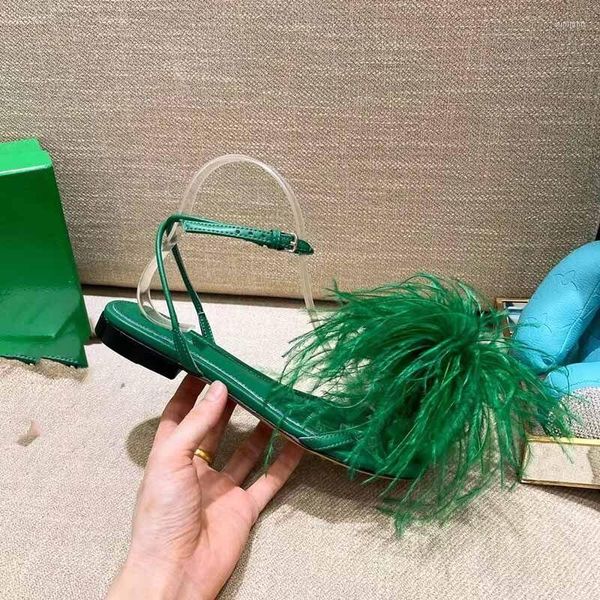 Sandali Sexy Feather Flat Women Candy Infradito Summer Fur Shoes Green Ladies Luxury Sandalias Party Wedding Bride