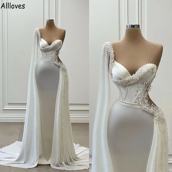 Vestidos de noiva de sereia de cetim de pérolas com longa embrulho de um ombro de tule peplum vestidos de noiva PLUS SIEL TAMP SARGEM ÁRABIC ASO EBI VESTIDOS DE NOVIA CL1457