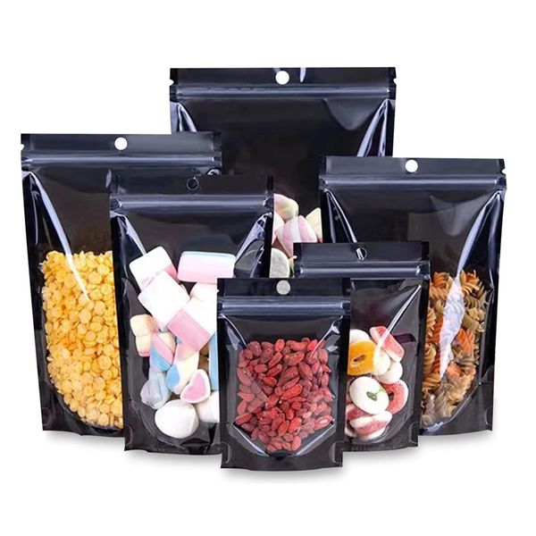 Foglio di alluminio nero trasparente Self Seal Stand Up Packaging Bag Impugnatura richiudibile Mylar Pouch Tea Food Sample Bags LX5265