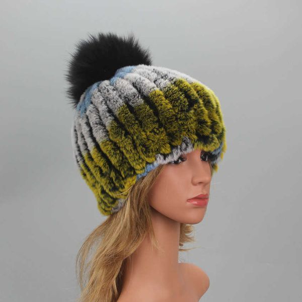 Outros acessórios de moda outros acessórios de moda chapéus de inverno para mulheres elásticas tricotadas reais rex rabbit pur gorro com pepom pompom genuíno chapéu por atacado