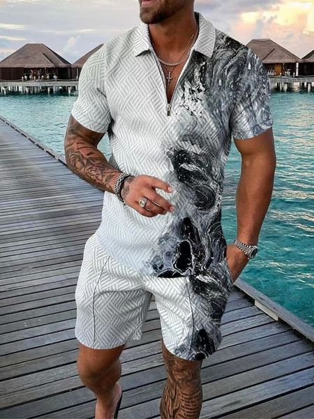 Großhandel 2036 der neuen Models Herren Shorts Tracksuits männlicher Sommer Casual Print Reißverschluss Reißverschluss Kragen Bluse Kurzarm Tops Hemdanzüge für Männer