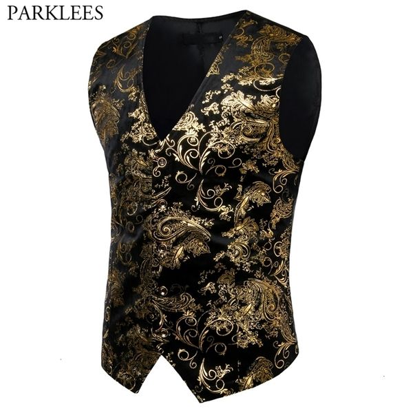 Herrenwesten Herren Gold Metallic Paisley Bedruckte Steampunk-Weste Einreihige V-Ausschnitt-Hochzeitsweste Männer Smoking Aristocrat Gilet 2XL 221114