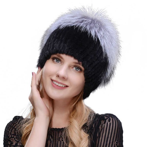 Andere Modeaccessoires JINBAOSEN Damen Wintermütze aus Nerzpelz, echtes Silber, warme Skimütze, natürlicher Strick, Markenmode, russisch